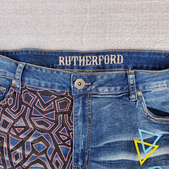 Rutherford Blue Denim Graffiti Art Jean Shorts - Picture 2 of 4